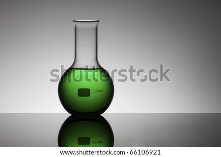 view of a laboratory flask with green liquid inside