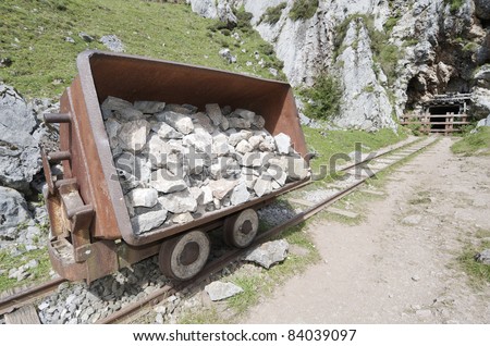 wagon of old abandoned mine in the lakes of Covadonga, National Park Picos de Europa,  Cangas de Onis, Asturias, Spain