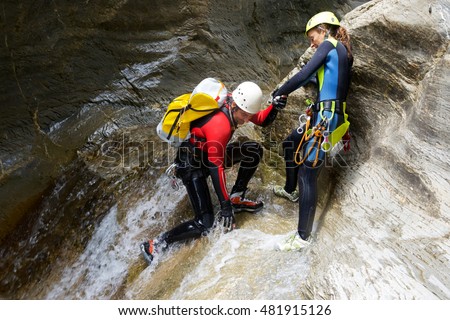 Canyoning in Gorgol Canyon, Tena Valley, Pyrenees, Huesca Province, Aragon, Spain.