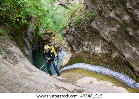 Canyoning in Furco Canyon, Broto, Pyrenees, Huesca Province, Aragon, Spain.