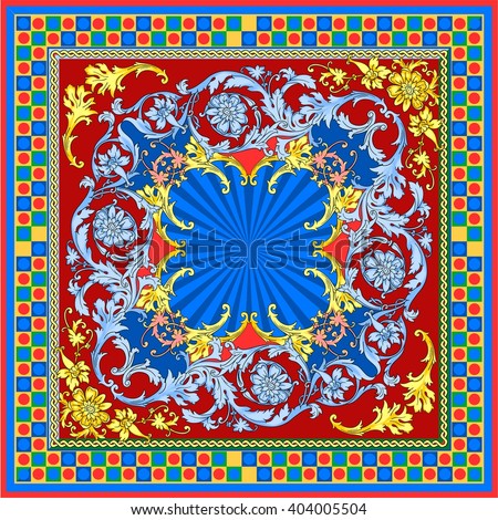 Decorative square frame in oriental style. Pattern shawl in baroque style yellow blue and red colors Spring Summer inspiration Dolce Gabbana