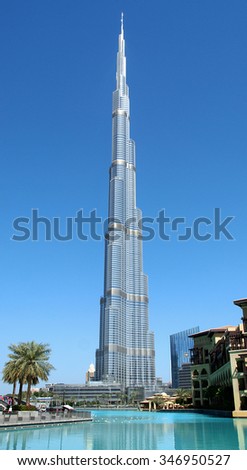 DUBAI/UNITED ARAB EMIRATES MARCH  2, 2013: A view of the Burj Khalifa with Burj Khalifa Lake in the foreground.