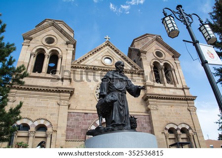 SANTA FE, NEW MEXICO/USA - MAY 7,2015: Statue of Saint Francis in front of the Saint Francis Basilica