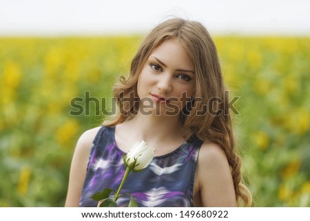 Romantic woman with rose lying on sunflowers field
