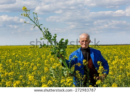 old farmer in a field researching plants