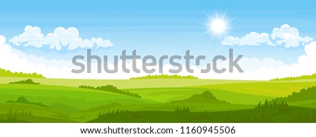 Cartoon illustration of summer landscape with fields and green hills