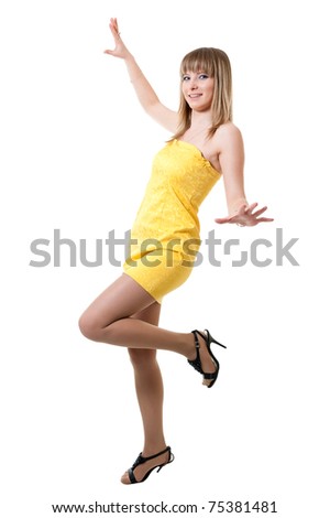 Girl in yellow dress isolated on white background