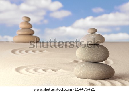 Spirituality and balance in a Japanese zen garden Sand and stone pattern concept for relaxation and concentration