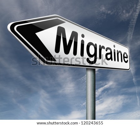 migraine headache chronic pain in head diagnosis therapy or medication road sign arrow