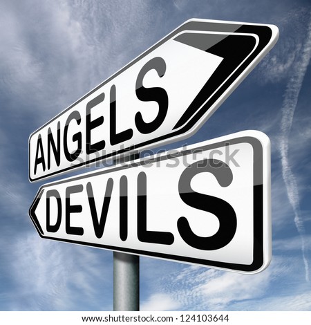 angels and devils choice between heaven and hell road sign arrow with text