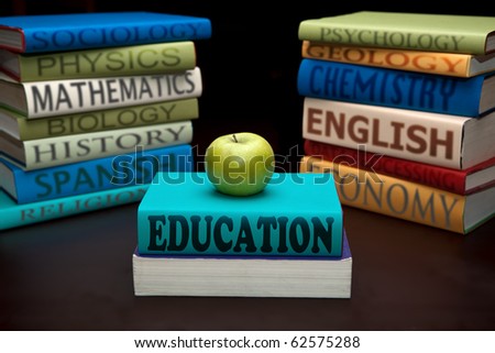 education study books with text learning building knowledge at school with healthy apple