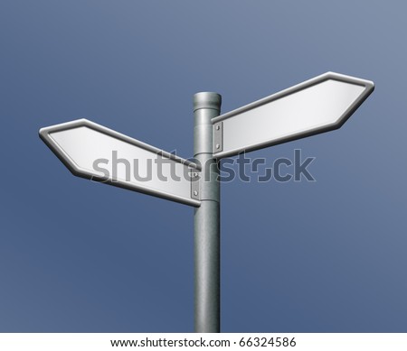 roadsign with two arrows and blank copy space empty arrow opposite choice decisive choice contrast pointing other way crossroads important choice