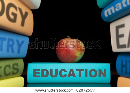 learning books with text learning building knowledge at school with healthy apple textbooks for university high school or college