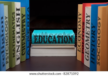 education study books with text learning building knowledge at high school back to school. Pile textbooks for college or university classes. Educational syllabus.