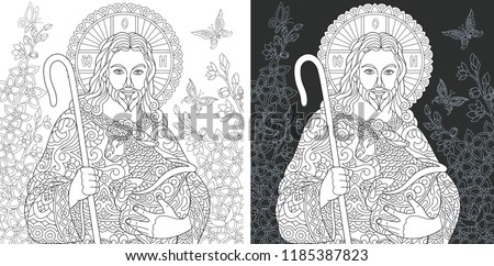 Religion. Coloring Page. Coloring Book. Colouring picture with Jesus Christ drawn in zentangle style. Antistress freehand sketch drawing. Vector illustration.