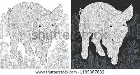 Pig. Coloring Page. Coloring Book. Colouring picture with piggy drawn in zentangle style. Antistress freehand sketch drawing. Vector illustration.