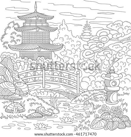 Stylized oriental temple - japanese or chinese tower pagoda. Landscape with trees, lake, stones, flowers. Freehand sketch for adult anti stress coloring book page with doodle and zentangle elements.