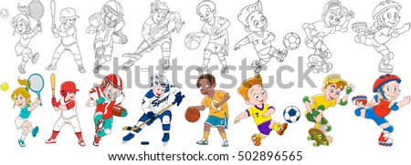 Cartoon sportive children set. Sport collection. Boys and girls playing tennis, baseball, american football (rugby), hockey, basketball, roller skating, skateboarding. Coloring book pages for kids.