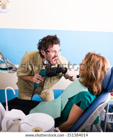Crazy dentist. The patient in the examination at the dentist. The patient is very afraid