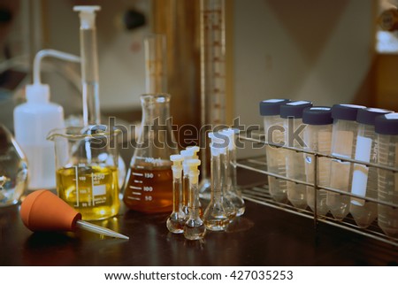 Laboratory glassware with liquids, Laboratory concept.
