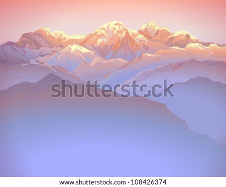 Beautiful mountain landscape on sunset (hand drawn with brushes) - vector illustration.