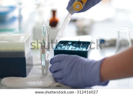 Laboratory worker taking a test tube from a test tube box. Some glassware and chemicals in background.