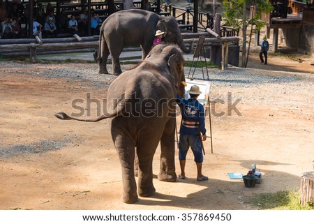 CHIANGMAI THAILAND 03 DEC 15 a talented elephant are drawing artwork at The Maesa elephant camp on 03 December, 2015 in Chiangmai, THAILAND