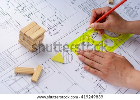 Architects workplace - architectural project, blueprints, ruler, calculator. Construction concept. Engineering tools. Top view