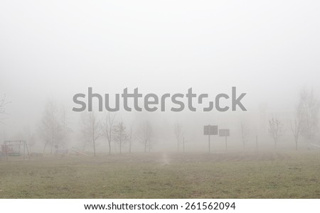foggy cold weather, walking paths among fields