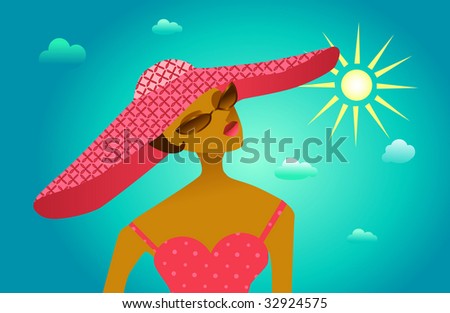 The woman in a hat on a background of the sky with clouds and the sun