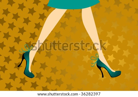 Female legs in blue shoes on a yellow background in stars