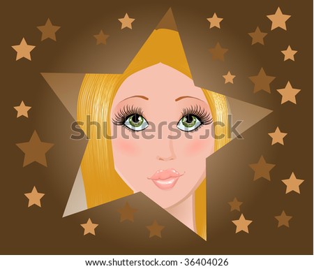 The face of the beautiful young blonde with green eyes in star on a brown background with stars