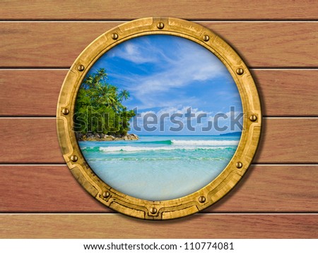 ship porthole with tropical island behind