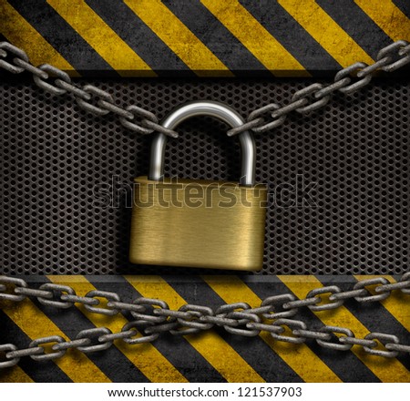 closed lock with chains and metal industrial background
