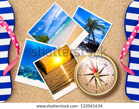 Traveling photos collage with compass on sand beach