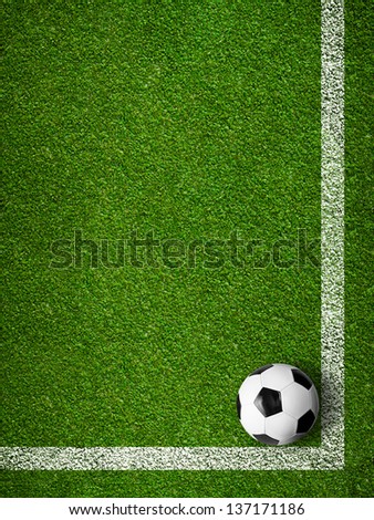 Soccer ball framed by white marking lines top view. Sport background.
