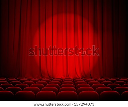 Closed Theater Red Curtains With Spotlight And Seats