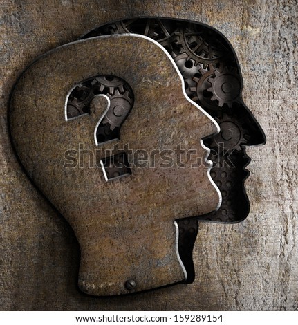 Human brain open with question mark on metal lid