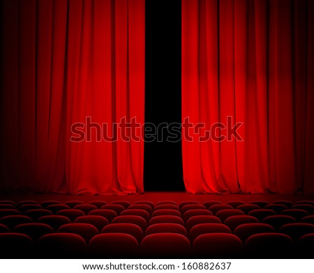 theatre red curtain slightly open with seats