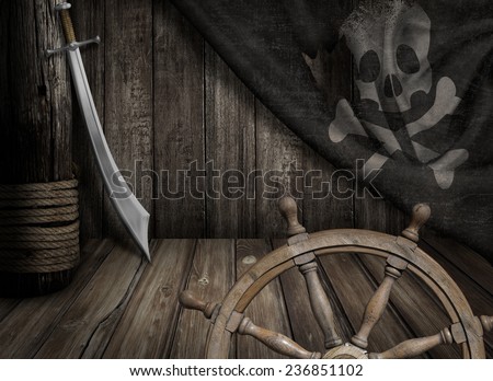 Pirates ship steering wheel with old jolly roger flag and saber