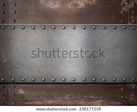 metal plate with rivets over rustic steel background