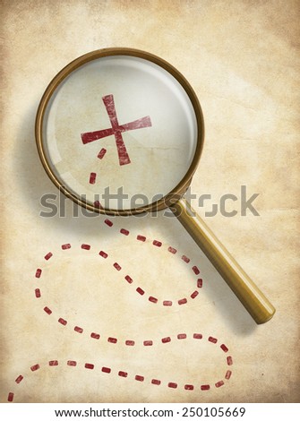 Pirates treasure old map with marked location and loupe. Searching concept