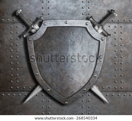metal shield and two crossed swords over armor plates metal background