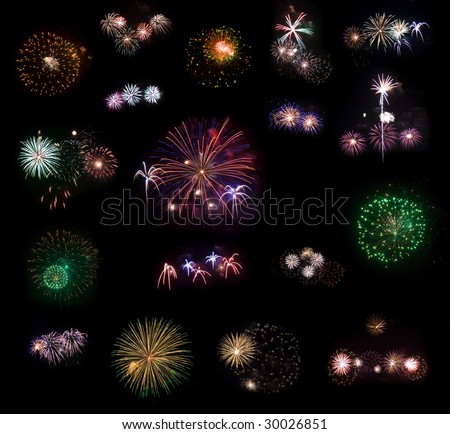 Big collection #2 of 18 real fireworks isolated on black background. Some of them in full size are in my portfolio.