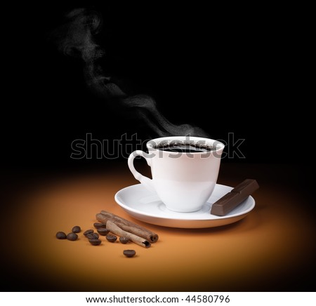 Black hot coffee cup with steam in light spot