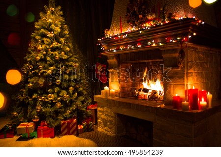 christmas interior with tree, presents and fireplace