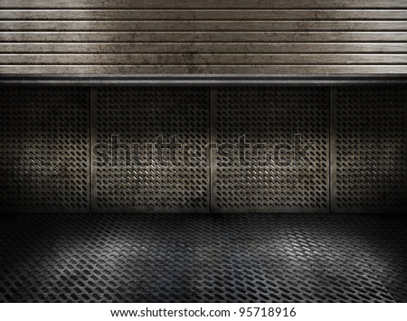 grungy metal industrial plates room with rolled up door