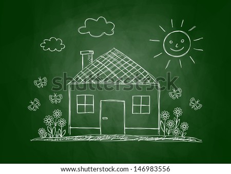 Drawing of house on blackboard Drawing of house on blackboard