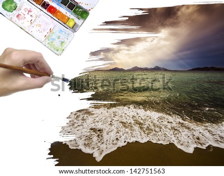 hand painting a sea landscape