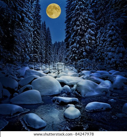 winter river with golden moon